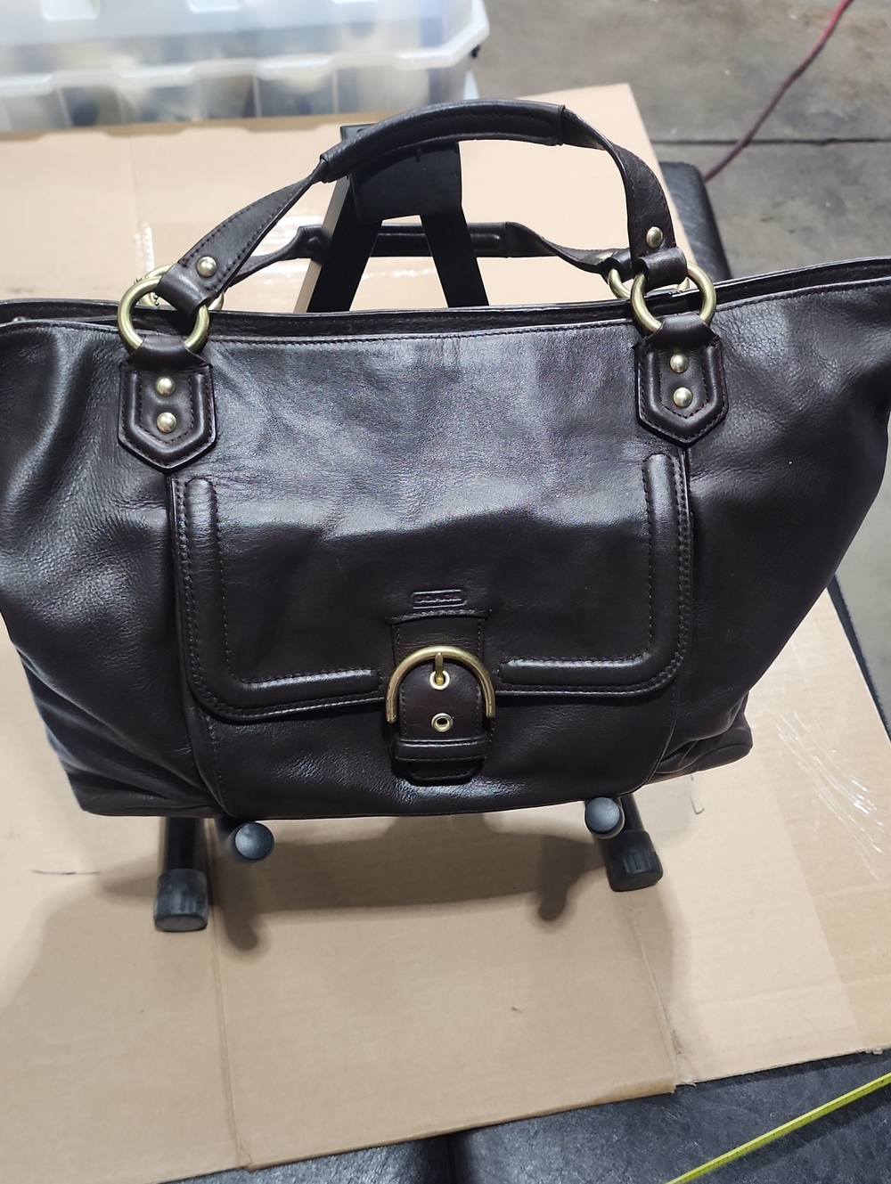 Coach Dark Brown Leather Shoulder Bag with Brass Accents